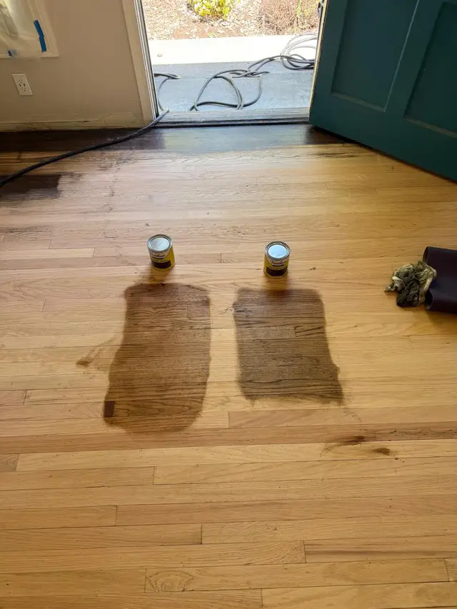 Two wood stain color samples on freshly sanded oak floor during hardwood refinishing