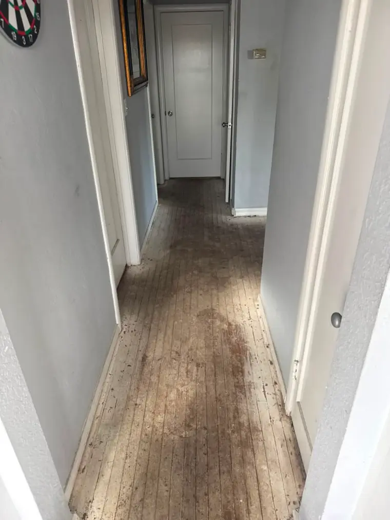 Before: Worn, stained hallway oak sanded and refinished to a warm natural glow