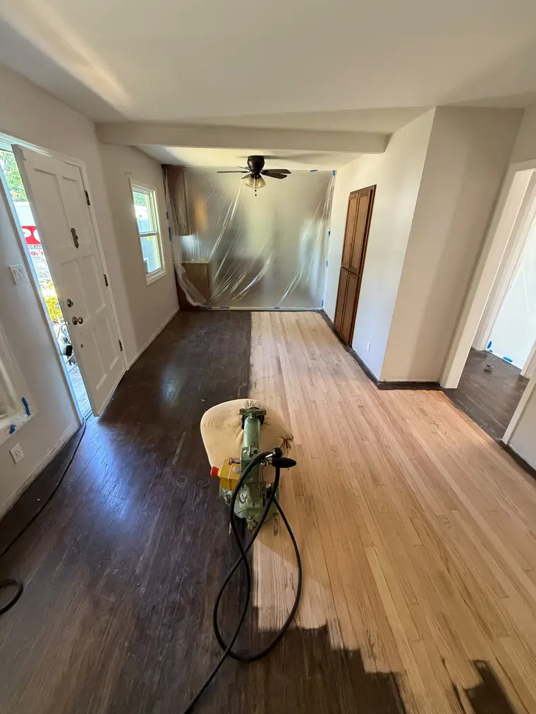 Before: Worn dark oak sanded down and refinished in a warm walnut stain